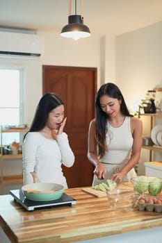 Happy mother and daughter preparing a meal together in the kitchen.