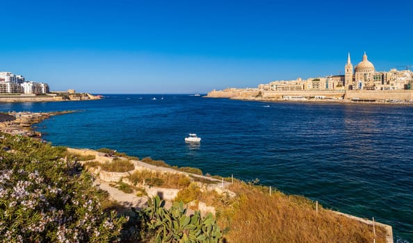 Beautiful cityscape of Valletta viewed from Manoel Island, Malta.