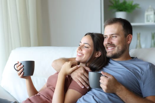 Happy couple drinking tea looking away sitting on a couch in a house interior
