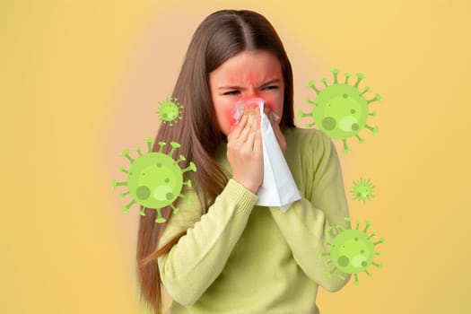 A young girl with long hair holds a tissue, looking unwell as her face is flushed. Illustrations of viruses surround her, indicating sickness.