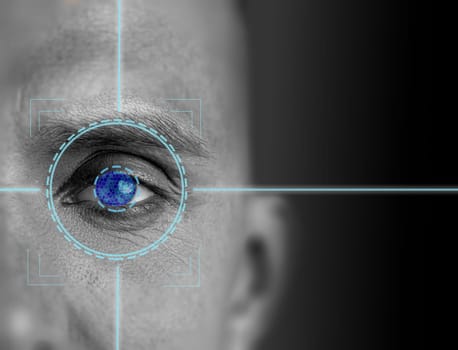 A detailed view of a human eye featuring a digital crosshair overlay. This visual emphasizes biometric identification technology in action, highlighting security advancements.