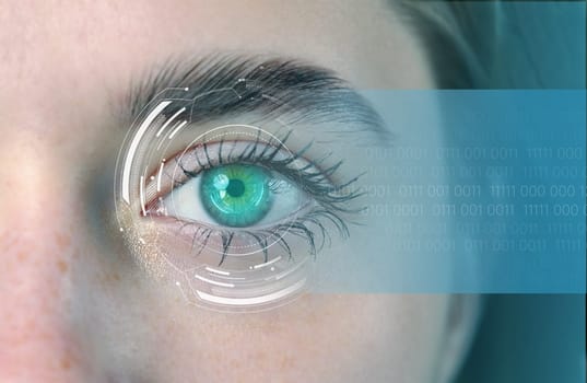 A human eye is showcased prominently, featuring vibrant colors and intricate details, while digital data and overlays suggest themes of biometric technology and artificial intelligence.