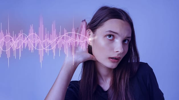 In a creative studio space, a young woman holds her hand to her ear, showing curiosity as abstract sound waves flow around her, symbolizing the power of listening.