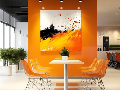 AI generated image of a contemporary dining space with an orange accent wall, abstract artwork, modern transparent chairs, and a minimalist table with plant. Stylish and vibrant interior design.