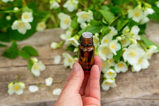 Jasmine essential oil and flowers. Selective focus. nature.