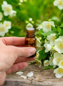 Jasmine essential oil and flowers. Selective focus. nature.