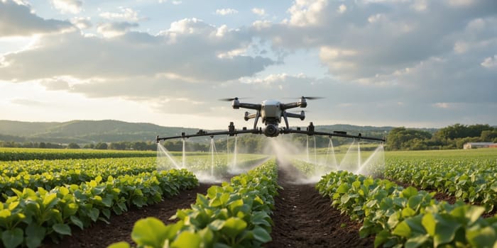 Smart Agriculture - Drone Spraying Crops with Precision Farming Technology A drone is flying over a farm, spraying pesticides.