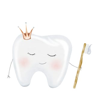 Tooth watercolor. Baby cute cartoon molar with crown, with a toothbrush on isolated white background. Dental clip art. Ideal for cards and invitations to the party baby's first tooth, posters in the doctor's office. High quality illustration