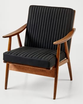 Stylish mid-century modern armchair with black ribbed upholstery and wooden frame, creating a vintage and comfortable seating option