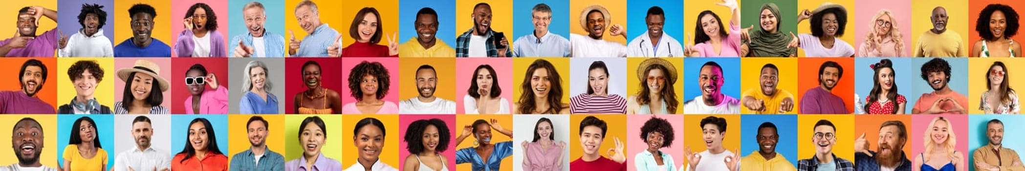 A vibrant collection of diverse individuals showcases various expressions and styles against bright backgrounds. This lifestyle portrait highlights diversity and the beauty of diversity.