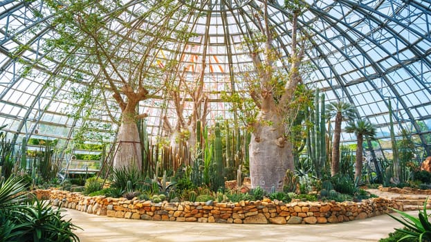 Beautiful tall cacti, succulents, baobab trees and palm trees in greenhouse at Botanical garden of Tropical plants