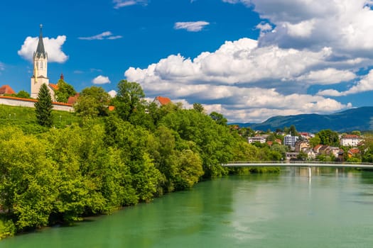 View of the Krka River in the city of Novo Mesto, Slovenia.