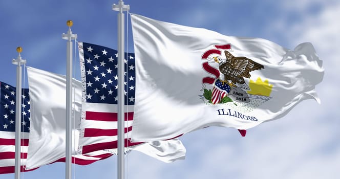 Illinois state flags waving with the national flag of the American flags on a clear day. US state flag. Pride and patriotism concept. 3D illustration render. Fluttering fabric.