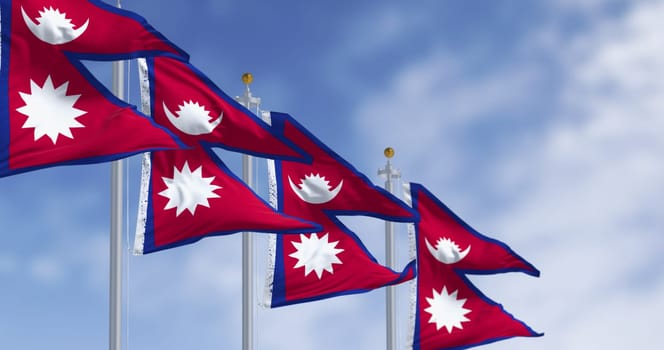 Nepal National flags waving in the wind on a clear day. The only Non-quadrilateral national flag in the world. 3d illustration render. Rippling fabric. Selective focus