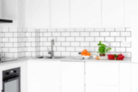 Kitchen Countertop Blurred In A Light, Modern Kitchen, Out Of Focus