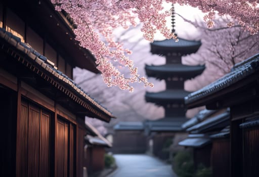 Sakura trees adorn streets in Japan during springtime, enhancing spring feeling. Traditional buildings line the path, leading to a historic pagoda surrounded by delicate pink blossoms.