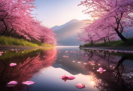 Magnificent sakura trees bloom along peaceful water, creating a stunning springtime atmosphere. Petals float gently on surface while soft light warms serene landscape, evoking pure spring feeling.