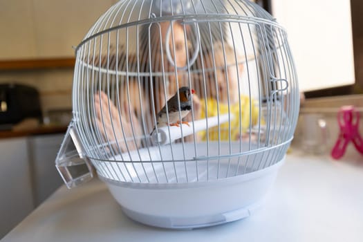 Small bird perched in its cage in a domestic environment, with a mother and child watching it