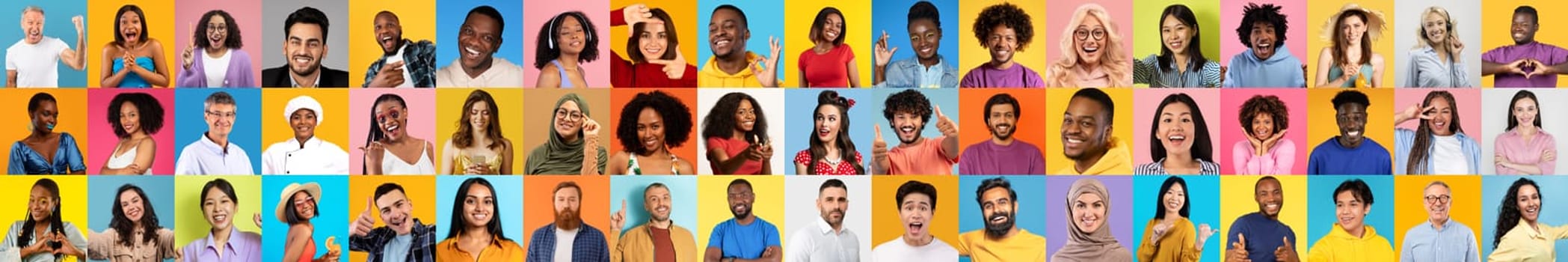 A vibrant collection showcases diverse individuals with joyful expressions against a bright backdrop.