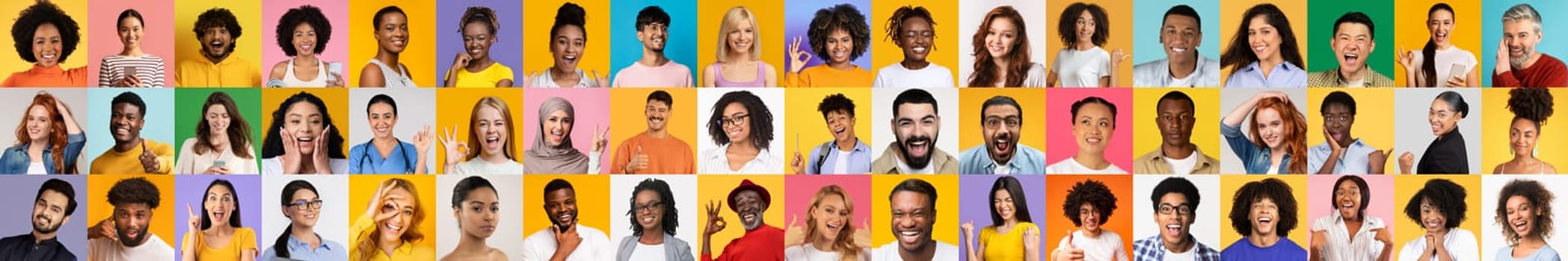 This collection showcases a variety of individuals from different backgrounds, each displaying joy and enthusiasm against colorful backdrops. The diverse expressions highlight unity in diversity.