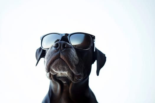 A dog wearing stylish black sunglasses sits against isolated white background smiling..