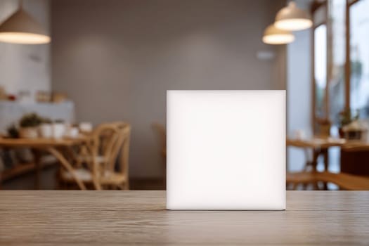 A blank white square card sits on the table of an urban coffee shop, with blurred lights in the background. Created with Ai..