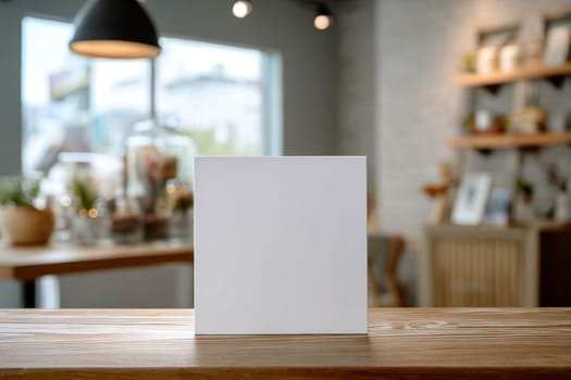 A blank white square card sits on the table of an urban coffee shop, with blurred lights in the background. Created with Ai..