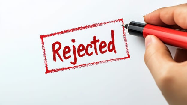red REJECTED mark, symbolizing disappointment and rejection in professional settings. pen rests nearby, emphasizing formal context..