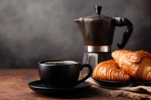 A fresh, white croissant and black coffee on a plate, a delicious French breakfast..