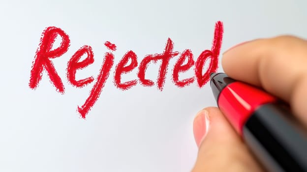 red REJECTED mark, symbolizing disappointment and rejection in professional settings. pen rests nearby, emphasizing formal context..