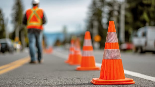 Construction Safety Gear in Urban Environment with traffic cones on road..