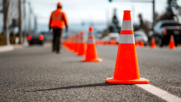 Construction Safety Gear in Urban Environment with traffic cones on road..