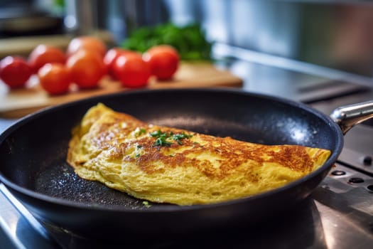 A golden and fluffy omelet, perfectly cooked and steaming gently on a stove top in a pan..