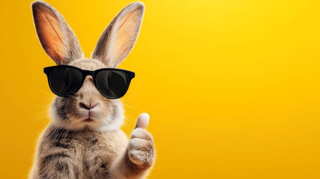 Cool Bunny Rabbit Wearing Sunglasses Thumbs Up Yellow Background pet fun cute happy image photo..