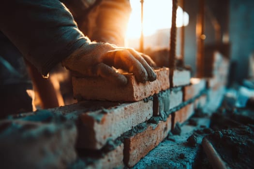 Close up of industrial bricklayer installing bricks on construction site with sunlight flare..