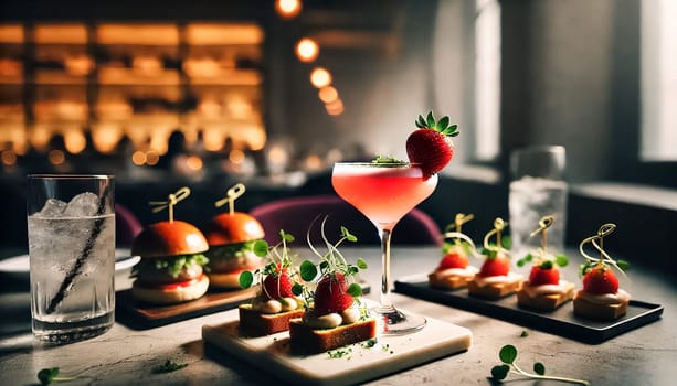 A strawberry cocktail garnished with a fresh strawberry, alongside gourmet toast topped with microgreens and a plate of sliders. The scene is set in a dimly lit atmosphere, with soft light highlighting the vibrant colors of the food and drink.