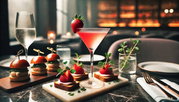 A strawberry cocktail garnished with a fresh strawberry, alongside gourmet toast topped with microgreens and a plate of sliders. The scene is set in a dimly lit atmosphere, with soft light highlighting the vibrant colors of the food and drink.