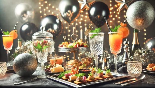 A luxurious New Year's Eve party setup featuring sparkling cocktails, gourmet appetizers, and elegant black and gold decorations. The stylish table arrangement is perfect for upscale celebrations, catering events, and holiday party inspiration.