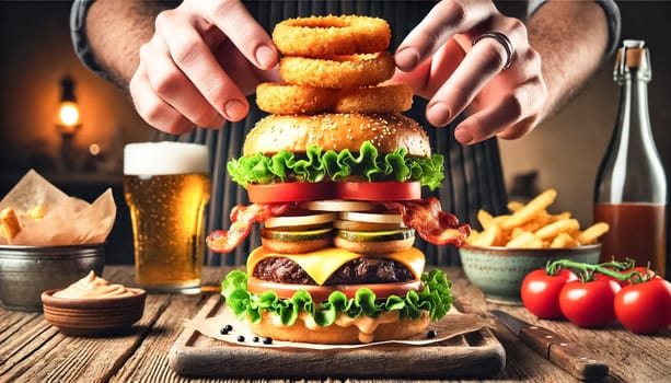A detailed close-up of a hand carefully assembling a gourmet burger, featuring layers of fresh ingredients like crispy onion rings, bacon, lettuce, tomato, and melted cheese. The scene is set on a rustic table with a cold beer slightly out of focus in the background.