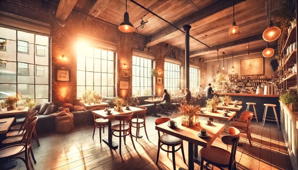 A trendy loft-style cafe filled with natural sunlight, featuring high ceilings, exposed brick walls, and stylish industrial decor. Ideal for coffee lovers, remote work, and casual meet-ups.