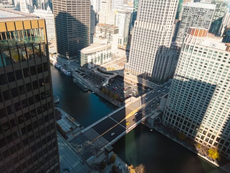 Chicago, Illinois, USA-November 9, 2023-A breathtaking aerial perspective of downtown Chicago, Illinois, captured from a tall building's window.