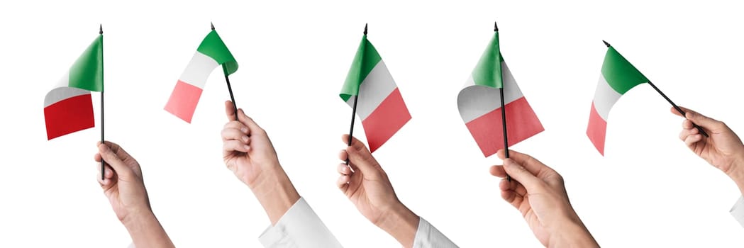 The Italy flag in hand in different angles on a white background.