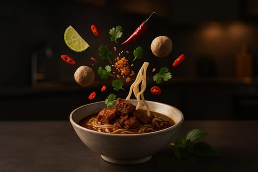 AI generated image of Thai boat noodles with ingredients bursting in air in a dark modern kitchen mood lighting for culinary and business use