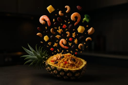 AI generated image of pineapple fried rice with flying ingredients in a moody modern kitchen setting for food branding and creative culinary content