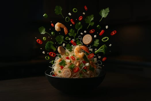 AI generated image of Thai glass noodle salad with herbs shrimp and vegetables bursting in a moody kitchen scene for culinary and branding visuals