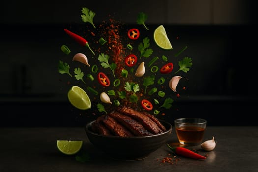 AI generated image of grilled Thai beef with herbs and spices bursting in a moody modern kitchen