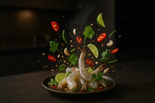AI generated image of raw shrimp in fish sauce with herbs and spices floating in dramatic lighting over a dark modern kitchen scene