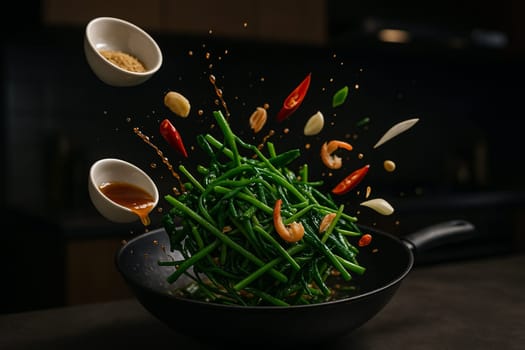 AI generated stirfried Thai water spinach with flying ingredients in low light modern kitchen with dark blurred background
