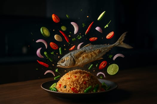 AI generated Thai fried rice with chili paste and flying mackerel garnishes captured midair in a moody modern kitchen with dark blurred background