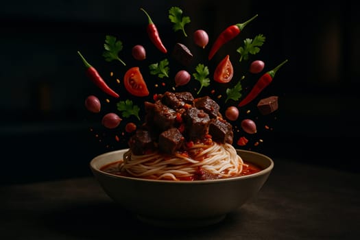 AI generated Thai Nam Ngiao noodle soup with chili herbs and ingredients bursting in air inside a low light modern kitchen with soft blurred background